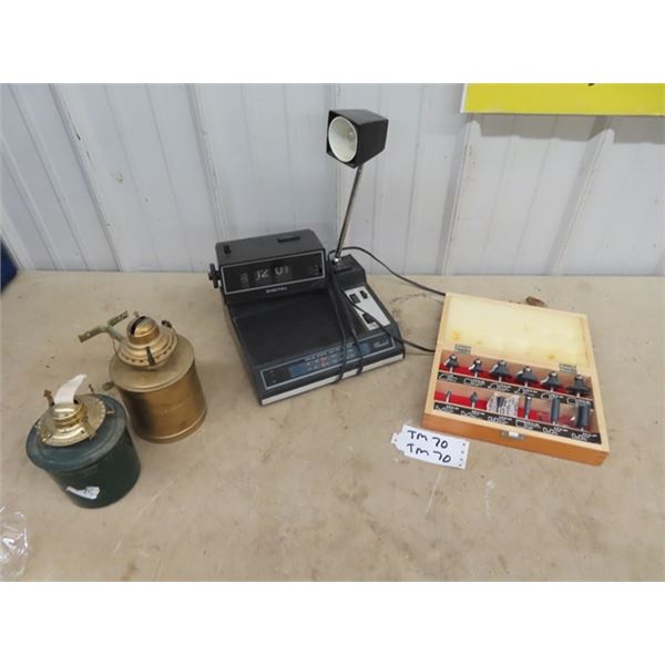 Candle Radio/Alarm Clock/ Lamp, Router Bits, & 2 Railway Lamps