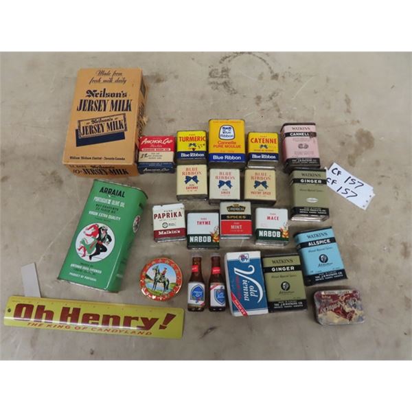 Spice Tins, Blue Ribbon, Watkins, Nelson Chocolate Box, Arraial Olive Oil Tin , OH Henry Ruler, OV S