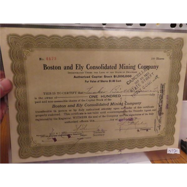 Boston & Ely Mining Co. 100 Stock Cert May 19 1922