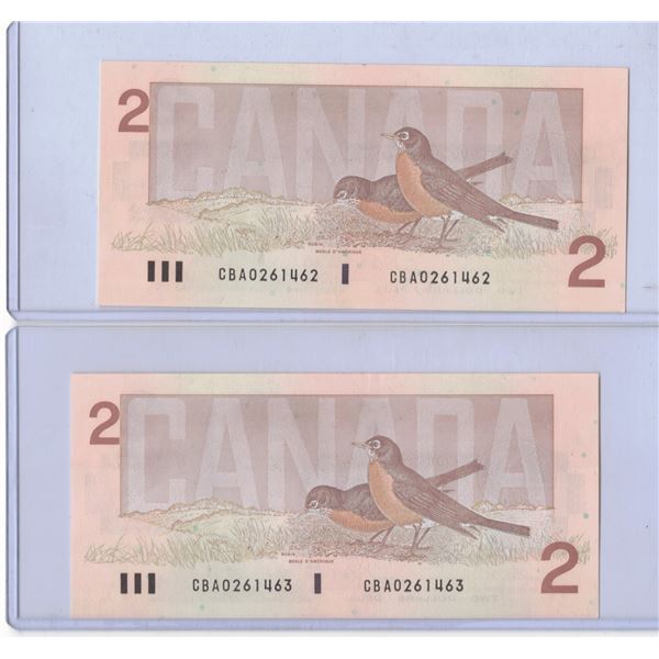 TWO CONSECUTIVE 1986 Two Dollar Bills  CBA0261462 and CBA0261463