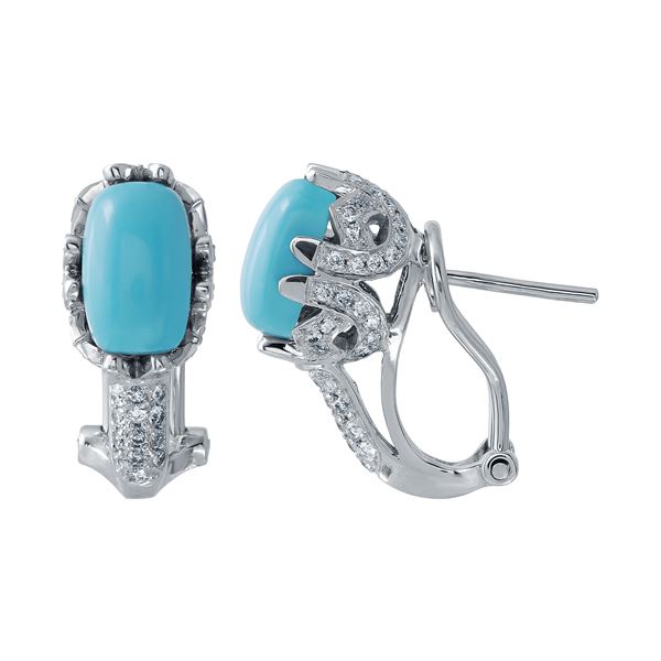 Natural 3.04 CTW Turquoise & Diamond Earrings 14K White Gold - REF-72T2X