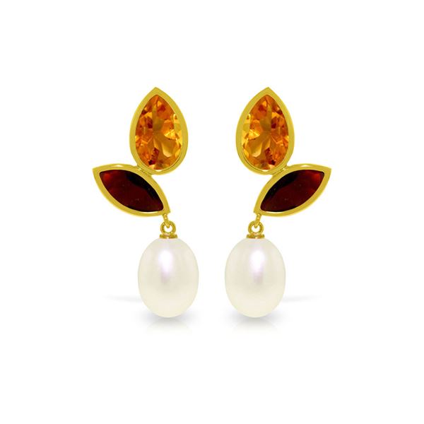 Genuine 16 ctw Pearl, Garnet & Citrine Earrings 14KT Yellow Gold - REF-42Z2N