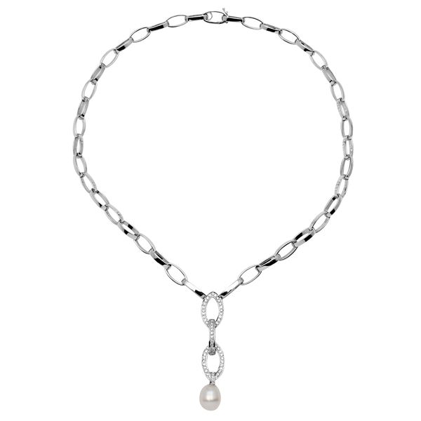 Natural 7.21 CTW Pearl & Diamond Necklace 14K White Gold - REF-242F3M