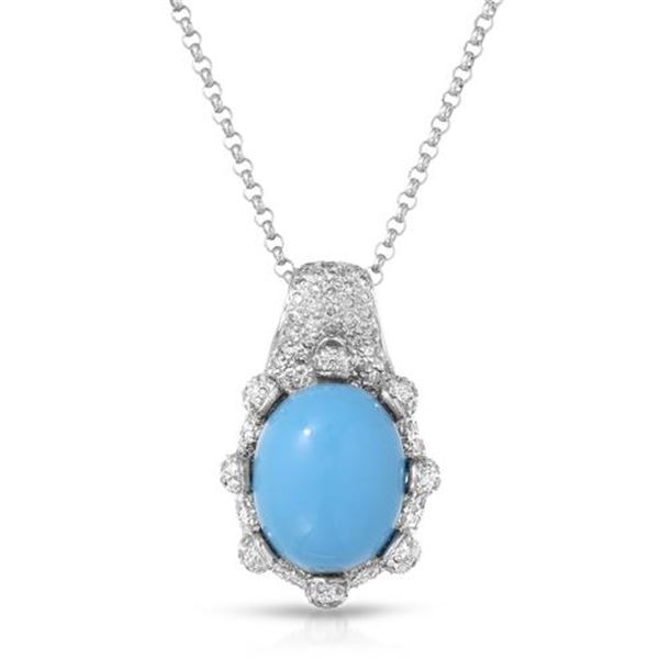 Natural 9.55 CTW Turquoise & Diamond Necklace 14K White Gold - REF-129K6R