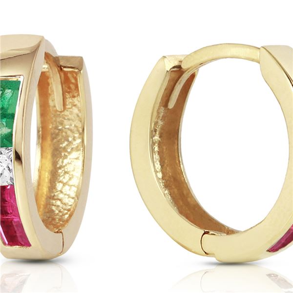 Genuine 1.28 ctw Emerald, White Topaz & Ruby Earrings 14KT Yellow Gold - REF-39W2Y