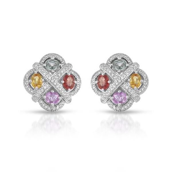 Natural 4.30 CTW Multi-Sapphire & Diamond Earrings 14K White Gold - REF-187K2R