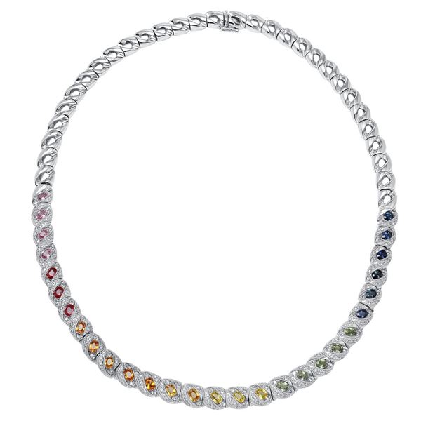 Natural 8.41 CTW Multi-Sapphire & Diamond Necklace 18K White Gold - REF-885T6X