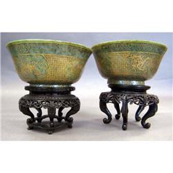 PAIR OF GOLD DECORATED JADEITE BOWLS with 