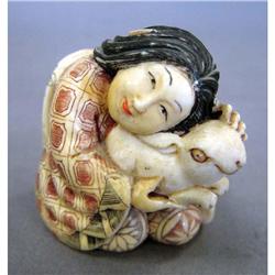 NETSUKE w/color detail artist signed girl 