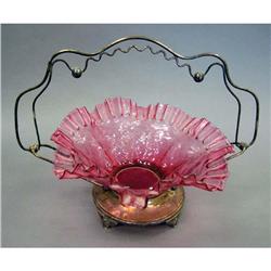 VICTORIAN CRANBERRY GLASS BRIDES BASKET