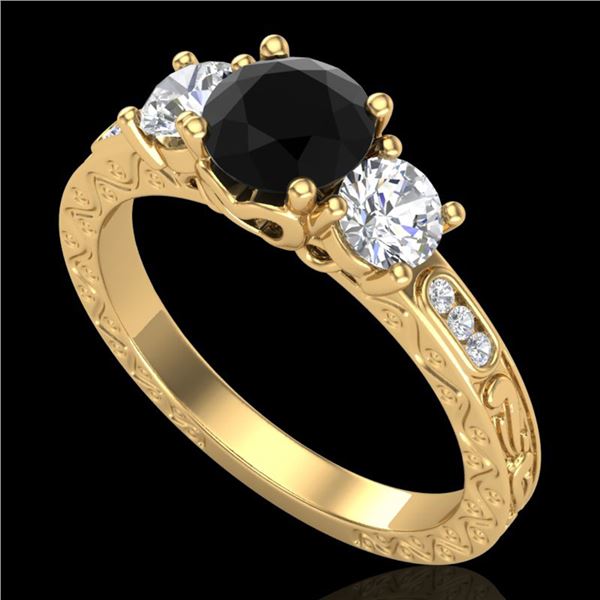 1.41 ctw Fancy Black Diamond Art Deco 3 Stone Ring 18k Yellow Gold - REF-138G2W