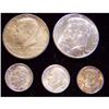 Image 1 : 2 KENNEDY HALVES 1971 & 1964 AND 3 SILVER ROOSEVELT DIMES