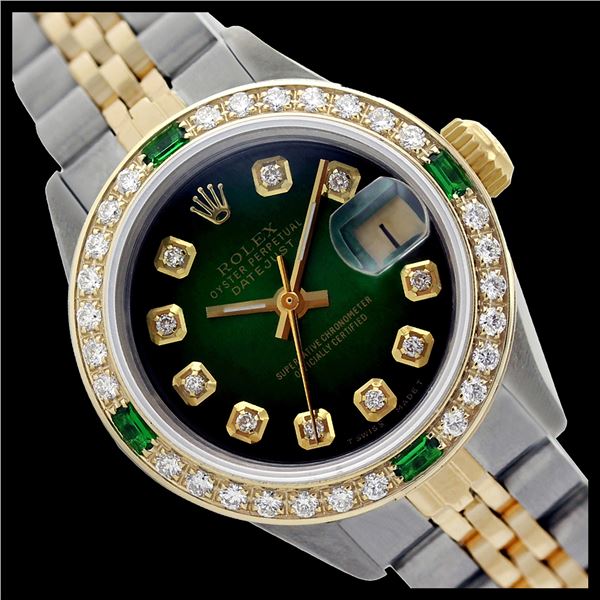 Rolex Ladies Two Tone 14K Gold/SS, Diam Dial & Diam/Emerald Bezel, Sapphire Crystal