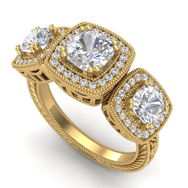 2.75 ctw Cushion VS/SI Diamond Art Deco 3 Stone Ring 18k Yellow Gold - REF-609K3Y