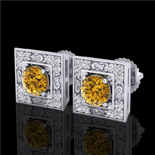 1.63 ctw Intense Fancy Yellow Diamond Art Deco Earrings 18k White Gold - REF-218N2F