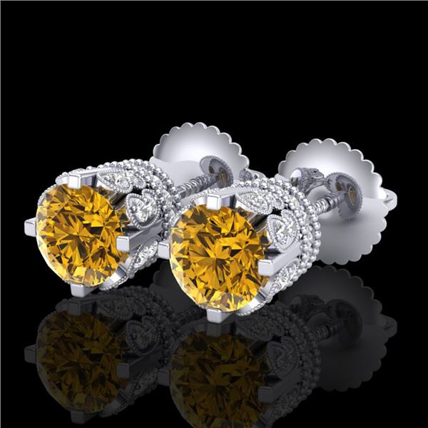 3 ctw Intense Fancy Yellow Diamond Art Deco Earrings 18k White Gold - REF-349R3K