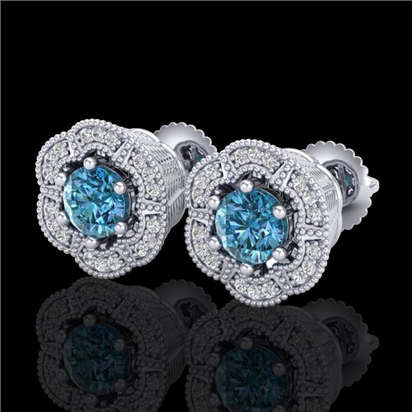 1.51 ctw Fancy Intense Blue Diamond Art Deco Earrings 18k White Gold - REF-178Y2X