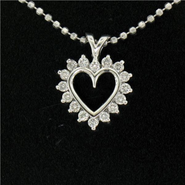 14k White Gold 0.40 ctw Round Brilliant Diamond Open Heart Pendant 18" Bead Chai