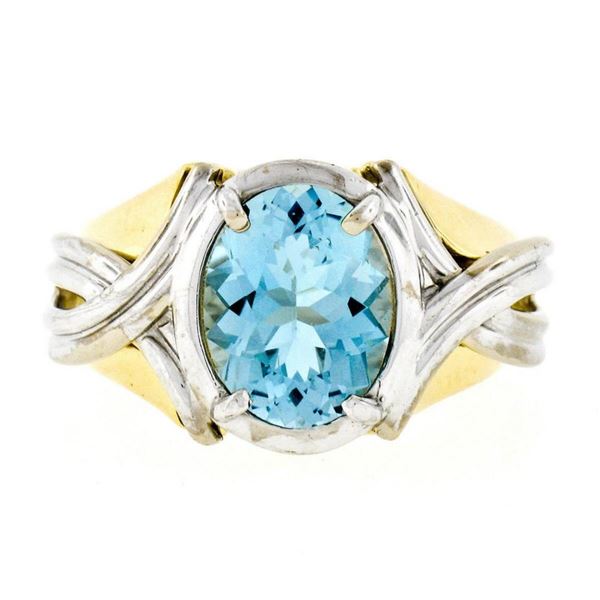 Estate 14kt Two Tone Gold 2.10 ctw Oval Aquamarine Grooved Cocktail Ring