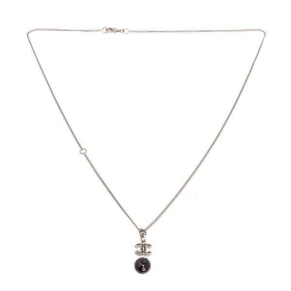 Chanel Silvertone CC Black Dangle Necklace