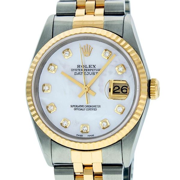 Rolex Mens 2 Tone Mother Of Pearl VS Diamond 36MM Datejust Wristwatch