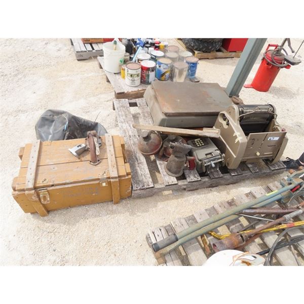 Antique Gesetener Printer, Washboard, Blow Torch, Road Flares, Crate , Freezer Door Hardware