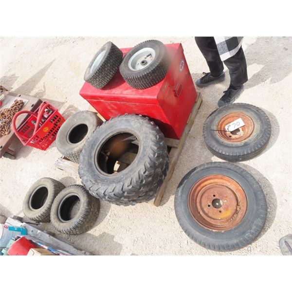 9 Tires- Smaller Trailer Tires, 1) 5.30 -12, 1) 5.70 -8, 1) 13 x 5.00-6, 1) 25 x 8 -12, 2) 16 x 6.50