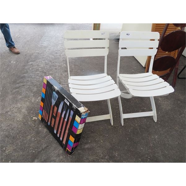 2 Folding White Plastic Chairs w New BBQ Utensil Set