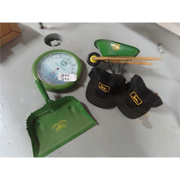 John Deere Thermometer, Dust Pan, Child's Toy Wagon & 2 John Deere Hats