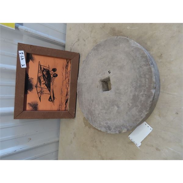 Copper Airplane Picture 13" x 16", Old Sharpening Stone 17" RD