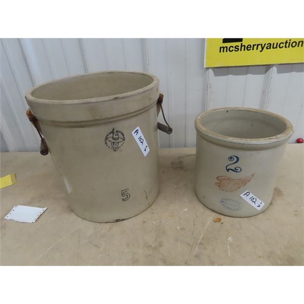 2 Gal Redwing Crock, & 5 Gal Medicine Hat Crock