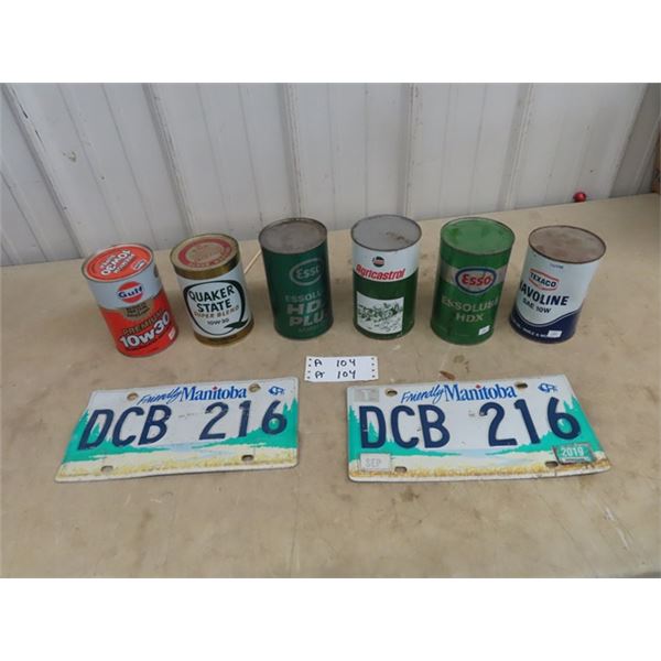 6 Full Oil Quart Cans- Texaco , Esso , Quaker State, Gulf, & 2 License Plates