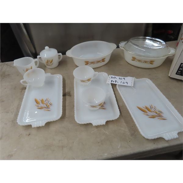 Approx 10 Fire King Tea & Sandwich Servers, Casserole Dishes & Cream & Sugar
