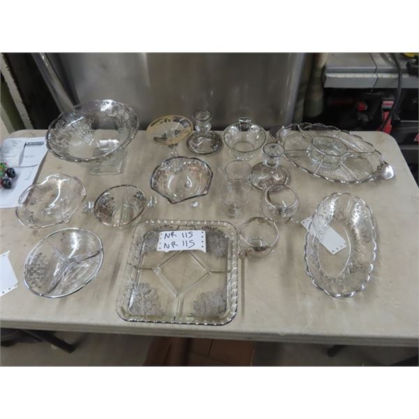 Approx 16 Glass w Silver Inlay Serving Trays, Bowls, C & S, & Candle Holders