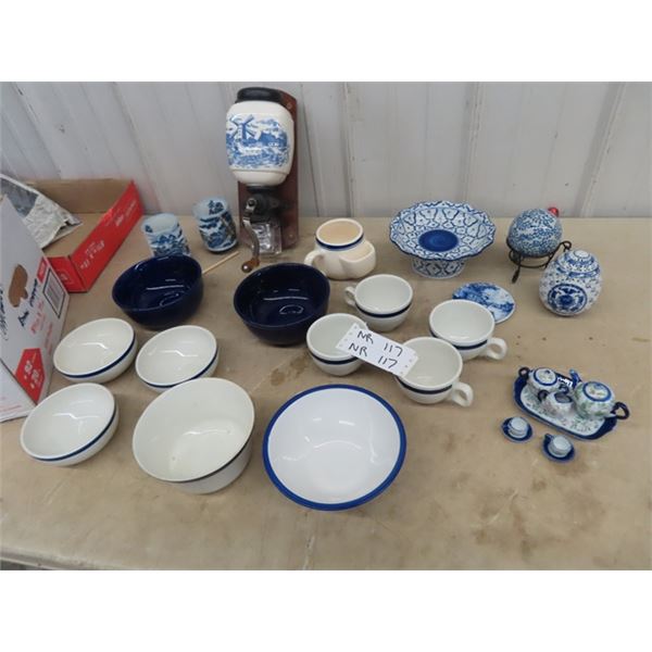 Colbalt & White Dishes, Delphite Coffee Grinder Shaving Mug Plus More