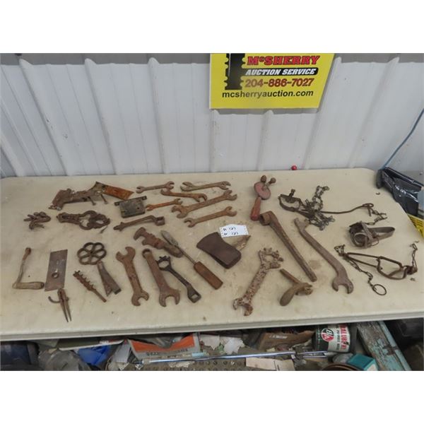 3 Leg Traps, Door Hardware, Old  Tools, Wrenches Drills, Plus
