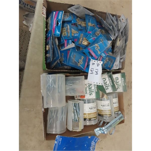 Box Full of Cupboard Hardware, Latches, Hinges, & Box Nails, & Drywall Hollow Wall