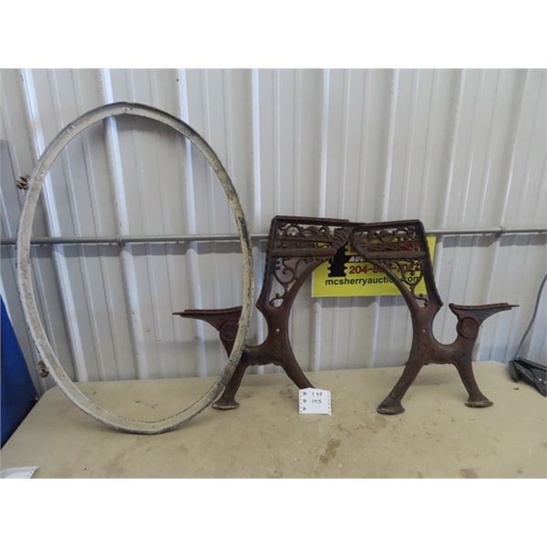 2 Cast School Desk Ends (Repurpose Bench) & Oval Sign Frame 28" X 41" - Believe Off ESSO