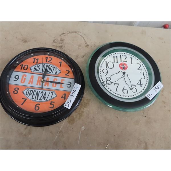 (DL) 2 Clocks, 1 Is Coke, 1 Big Daddy Garage- Both Are 12" RD