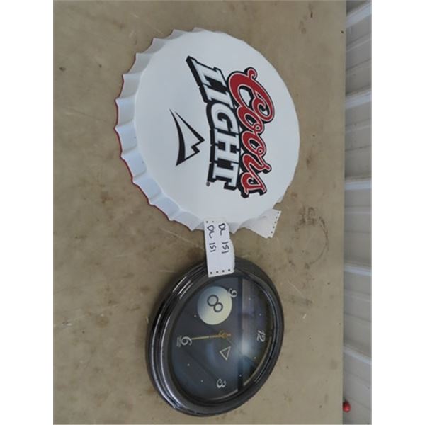 (DL) Metal Bottle Cap Coors Light Sign 16" RD & 8 Ball Clock 12" RD