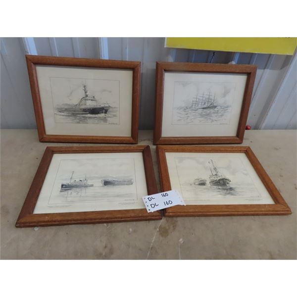 (DL) 4 Framed Pencil Art Of Various Boats By Edwards Goodall 11" x 14"