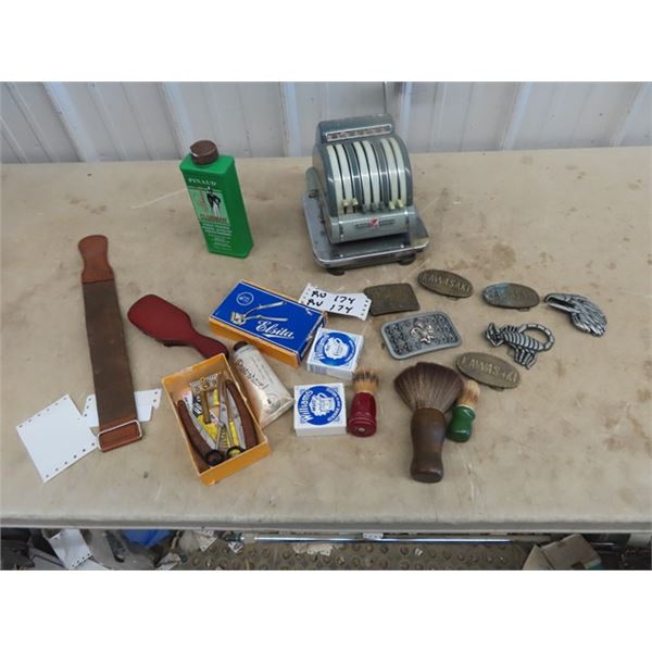 Straight Blade, Strap , Shaving Brush, Cheque Press, Book Called "The Game" &  Belt Buckles Plus Mor
