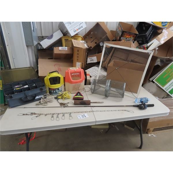 Tackle Box W Tackle, Minnow Pail & Trap, Fishing Rod , Plus More!