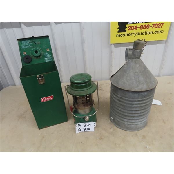 Coleman 335 Lantern (Broken Glass) w Metal Case & CPR Galv Jug