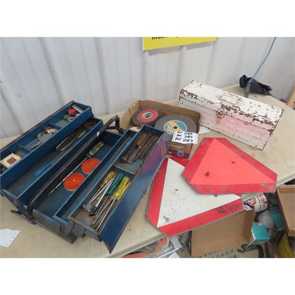 Tool Box, Odds & Ends Tools, Chisel, Screwdriver, 2 Slow Hazzard Signs, Wire Brush & Slow Signs