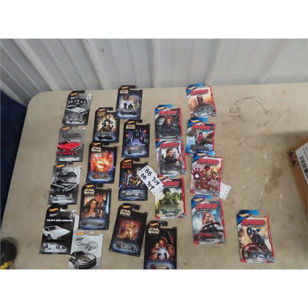 Approx 21 Hotwheels Toys in Pkg- Star Wars, 007, Avengers Plus
