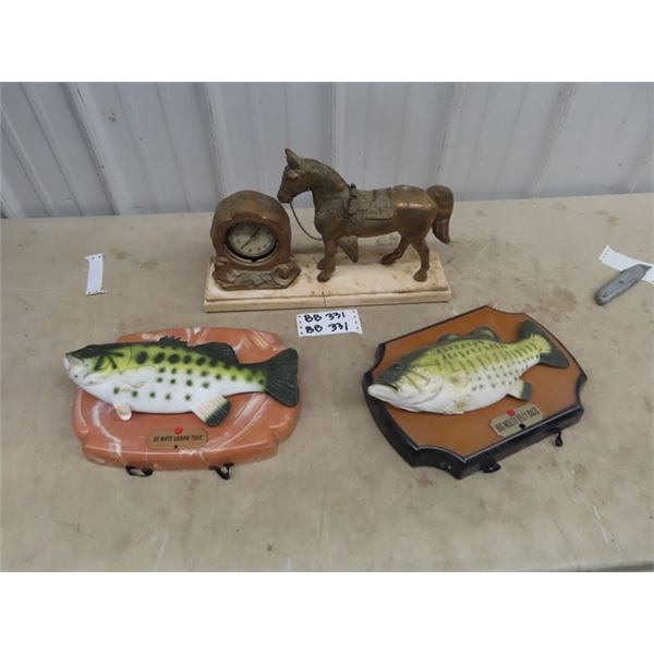 Horse Mantle Clock, (Poor Cond) & 2 Talking Fish Wall Ornaments