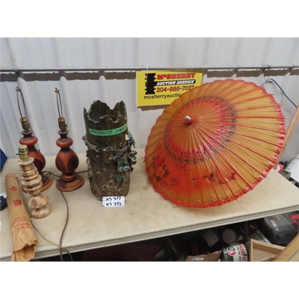 Majolica Umbrella Stand, Oriental Umbrella, & 3 Lamps