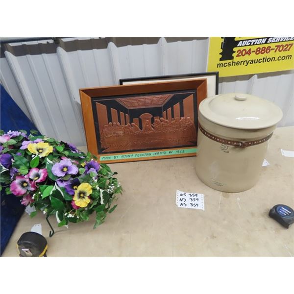 3 Gal Crock - Has Crack w Clean Lid, Copper Art - Last Supper Picture & Flowers Made At The Stony Mo