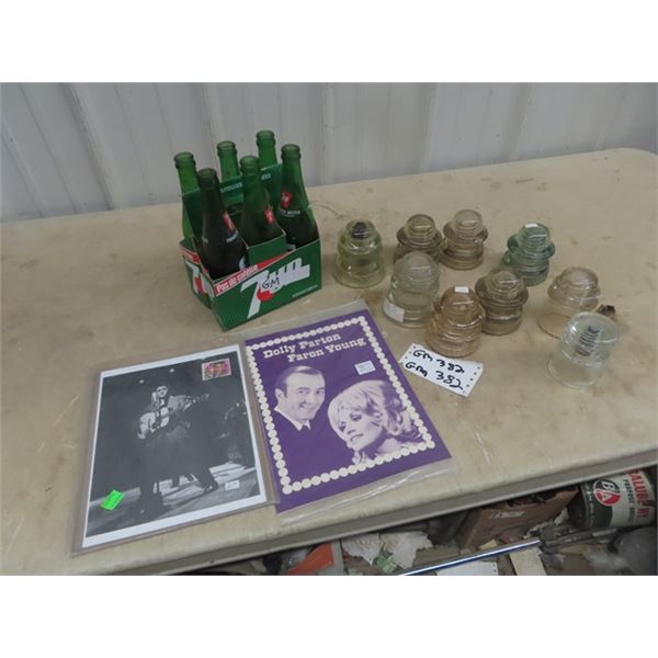 Elvis Photo & Stamp, Sheet Musci, 7 UP Carrier & Bottles, & Insulators